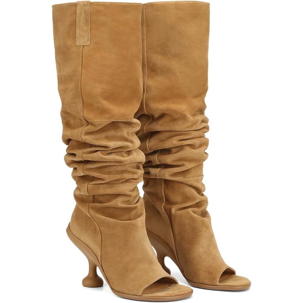 Women's Camel Open Square Toe Pull On Slouchy Leather Wide Calf Knee High Boots